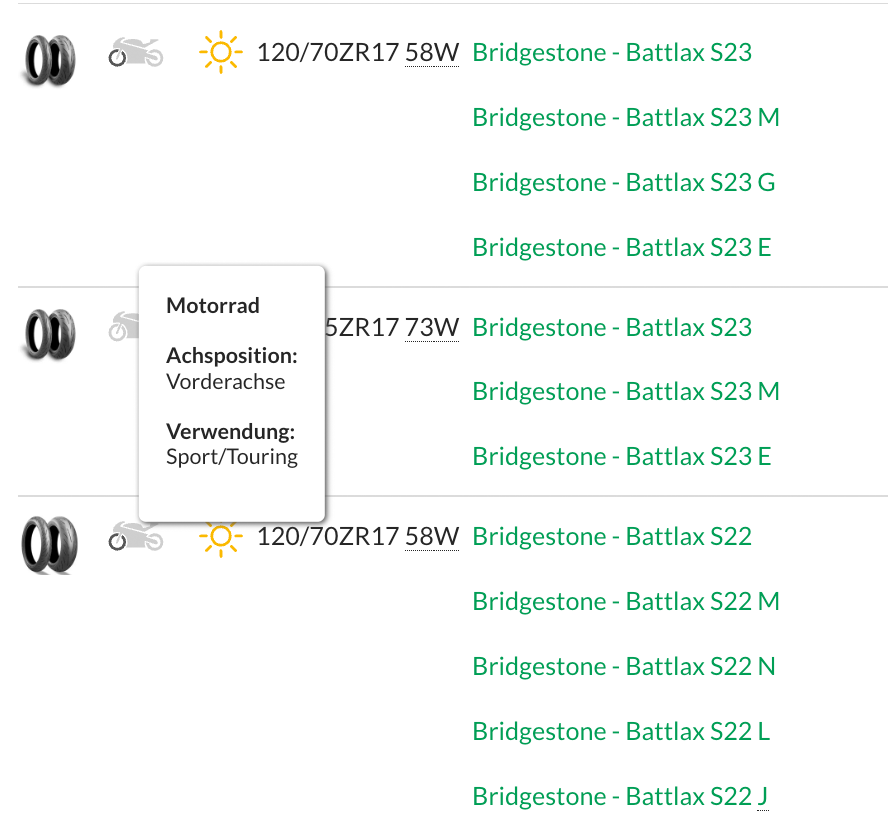 Suchergebnisse im Shop mit Tooltip zu Achsposition und Verwendung