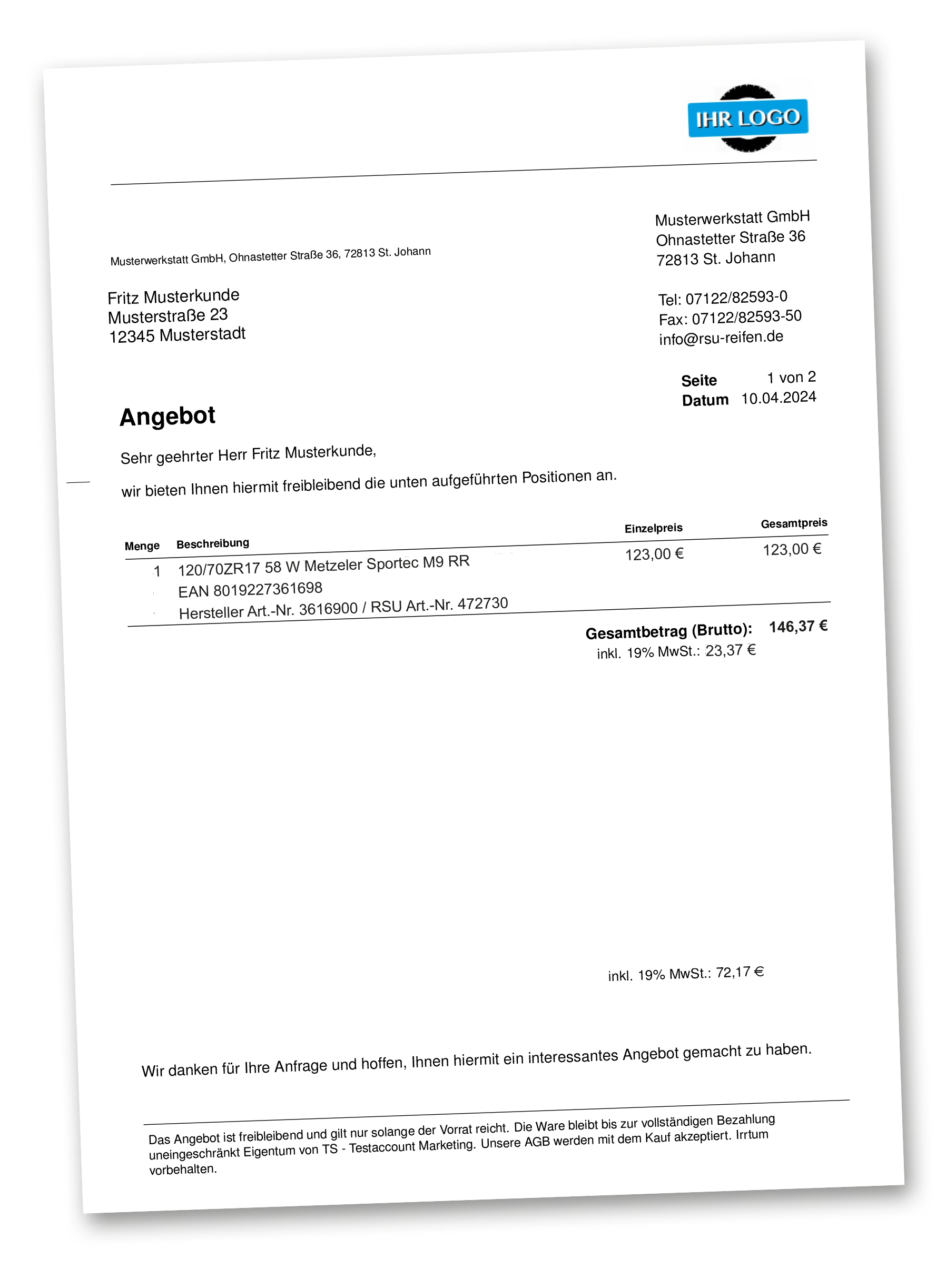 Fertiges Angebot als PDF mit dem Logo der Werkstatt im Briefkopf