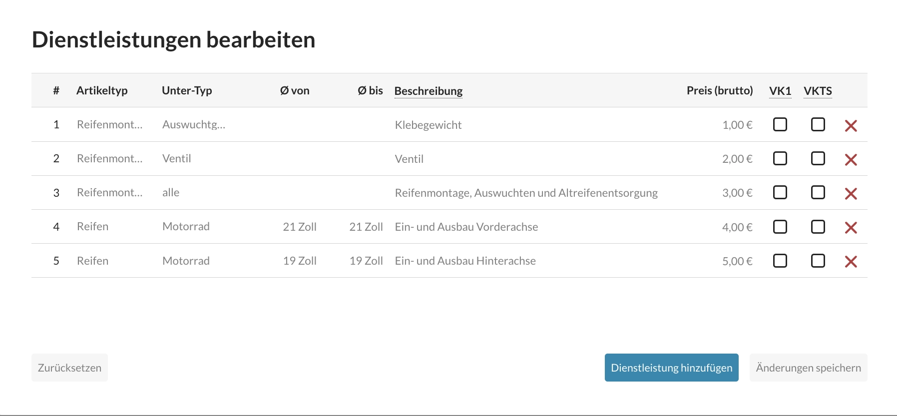Dialog „Dienstleistungen bearbeiten“ mit eigenen Positionen und Preisen