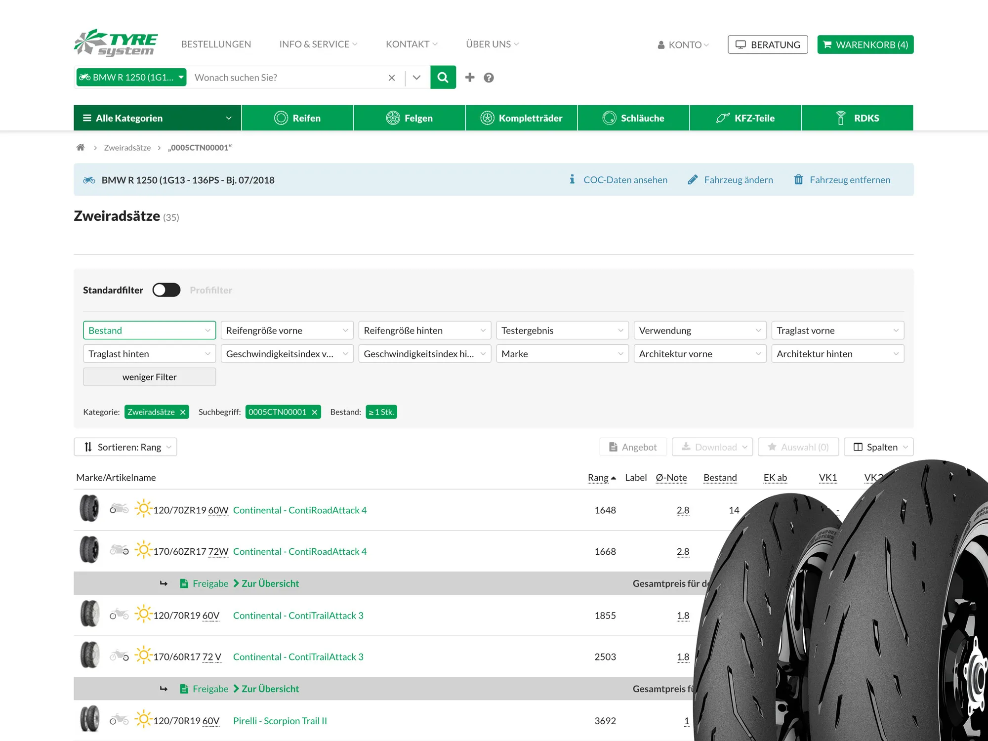 Suchergebnisliste im Shop mit passenden Vorder- und Hinterreifen für ein Motorrad