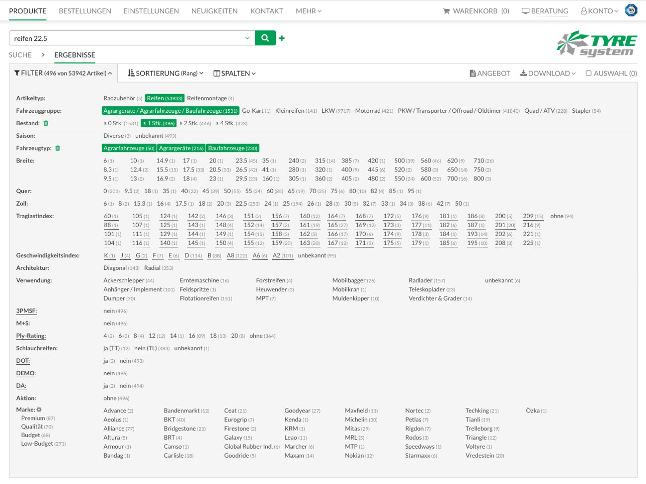 Screenshot der Filter für Agrarreifen in TyreSystem
