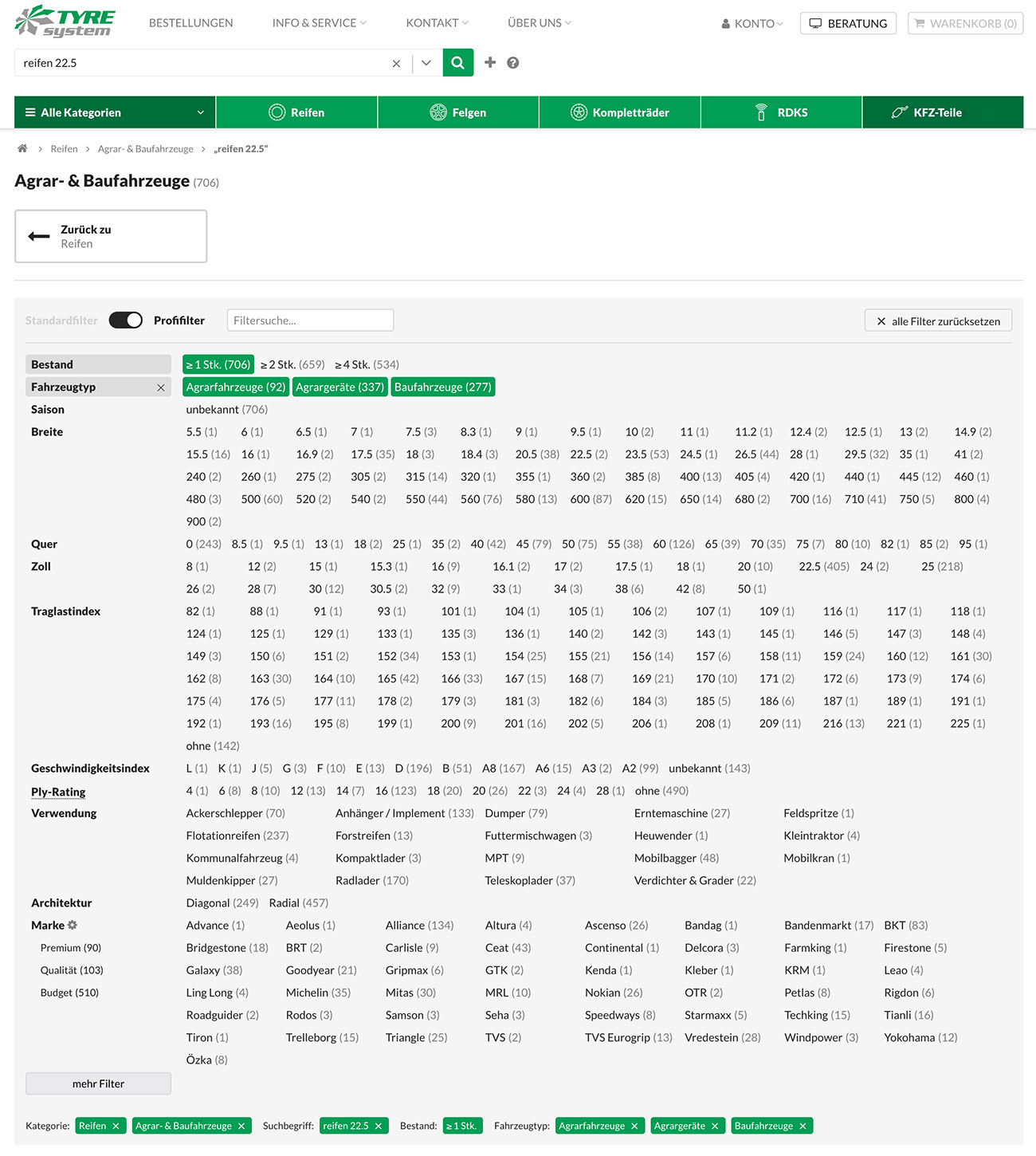 Screenshot der Filter für Agrarreifen in TyreSystem