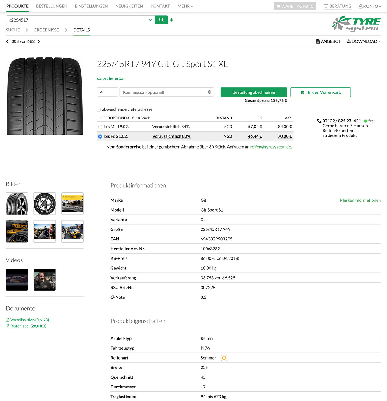 Screenshot der ausführlichen Produktdetails in TyreSystem