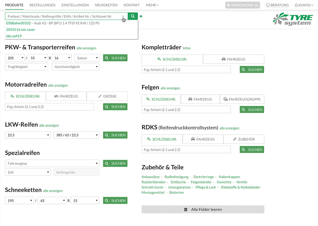 Screenshot der ausgeklügelten Suchfunktionen in TyreSystem