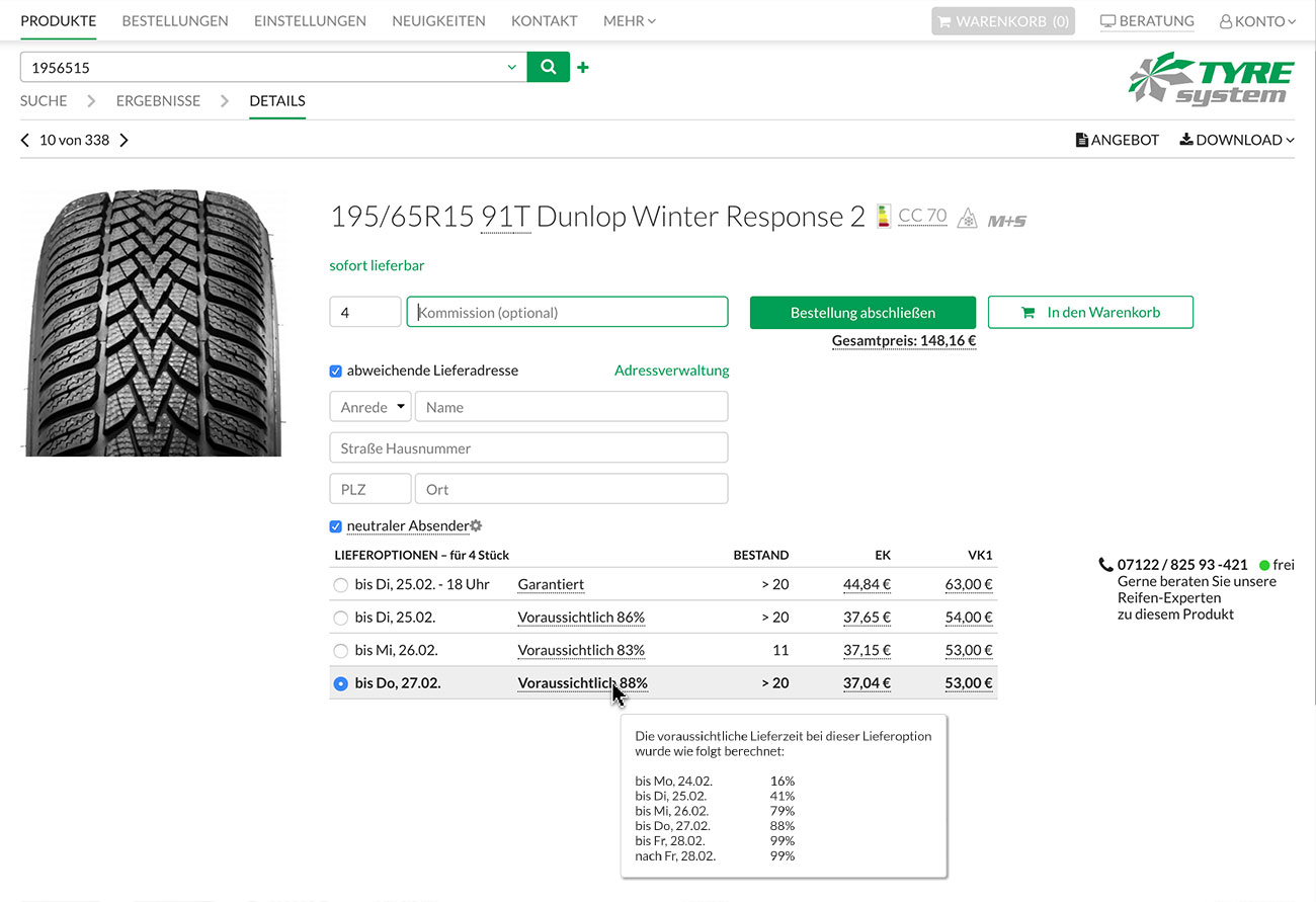 Screenshot des einfachen Bestellprozesses in TyreSystem