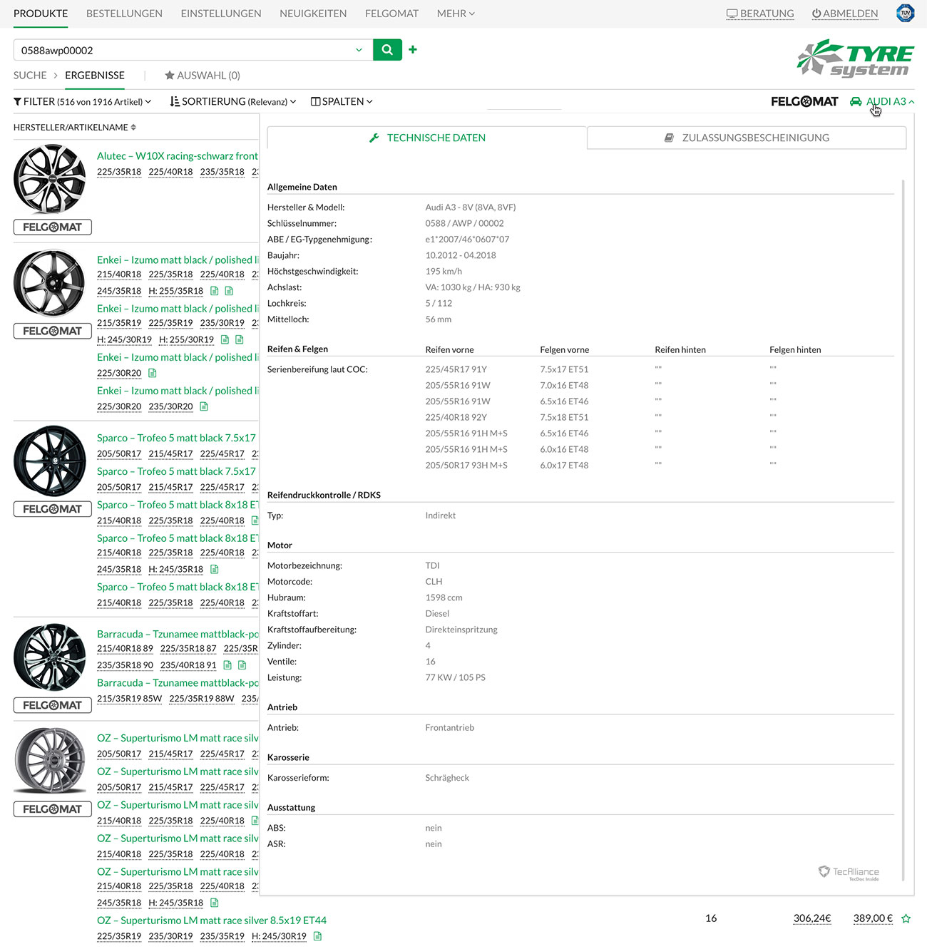 Screenshot der ausführlichen Fahrzeugdaten und COC-Daten in TyreSystem