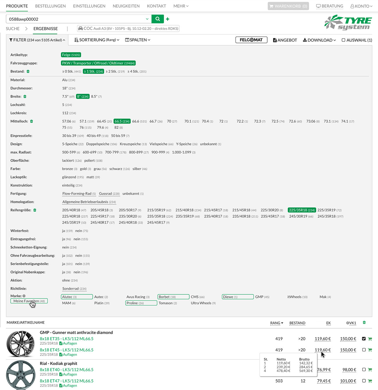 Screenshot der funktionellen Ergebnisliste in TyreSystem