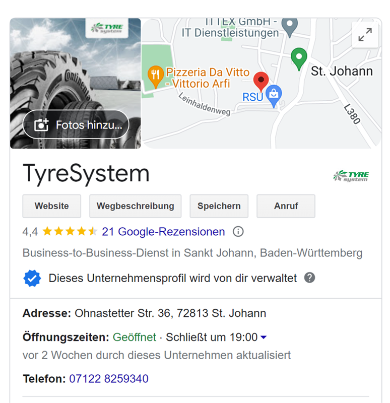 Screenshot: Google My Business Eintrag von TyreSystem