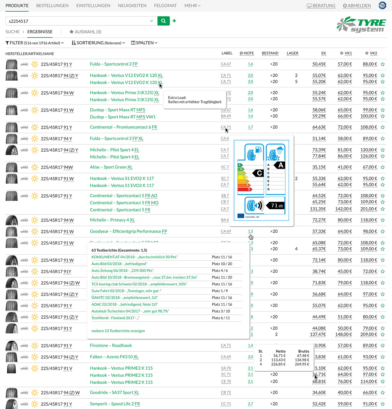 Screenshot der informativen Ergebnisliste in TyreSystem