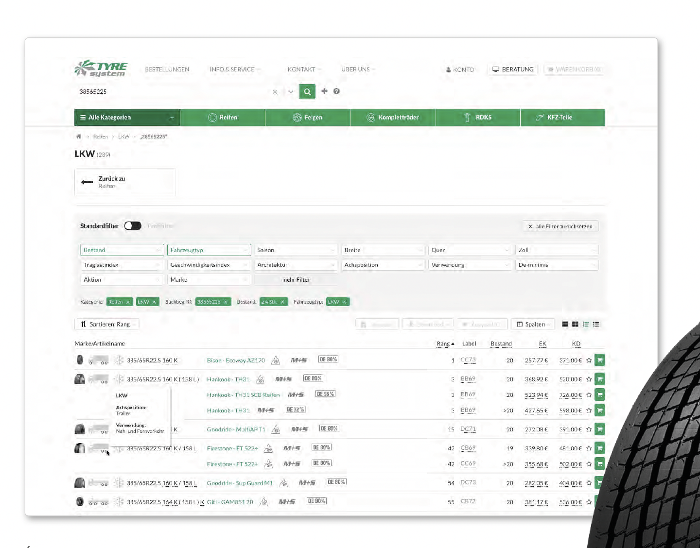 Screenshot der Ergebnisliste für LKW-Reifen in TyreSystem