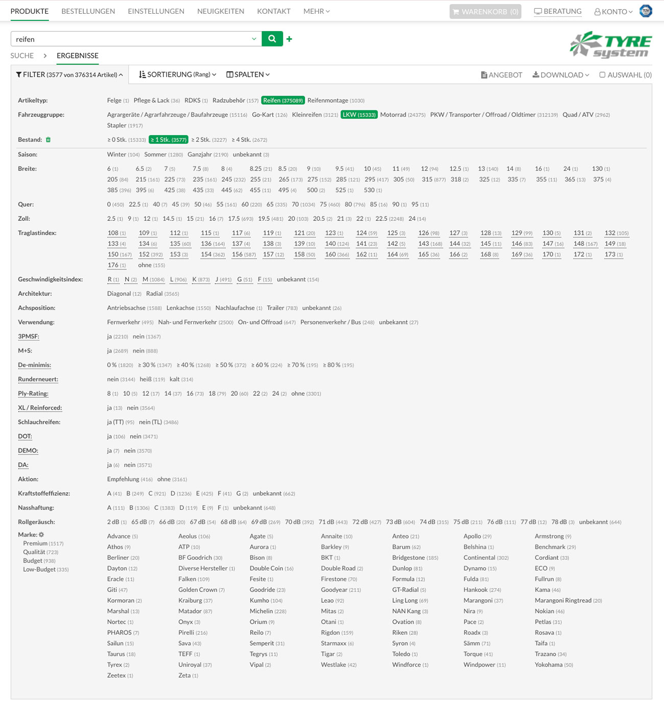 Screenshot der Filter für LKW-Reifen in TyreSystem