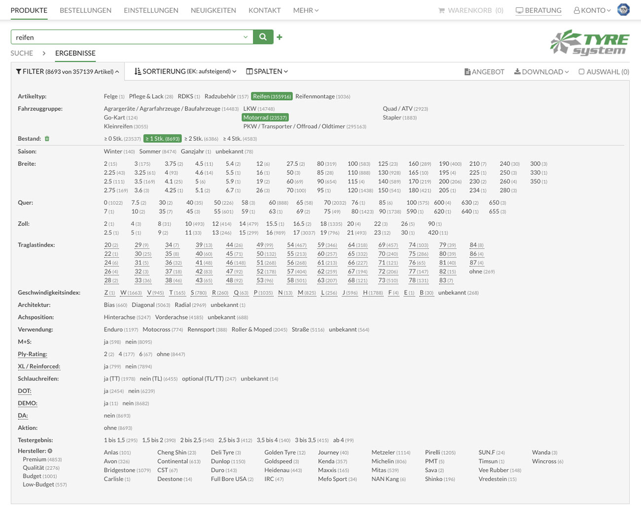 Screenshot der Filter für Motorradreifen in TyreSystem