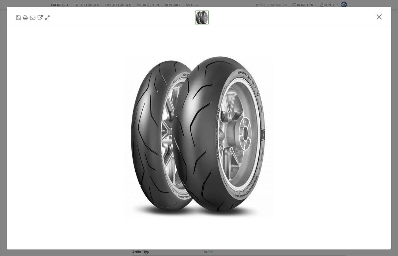 Screenshot eines Motorradreifen Produktbildes in TyreSystem