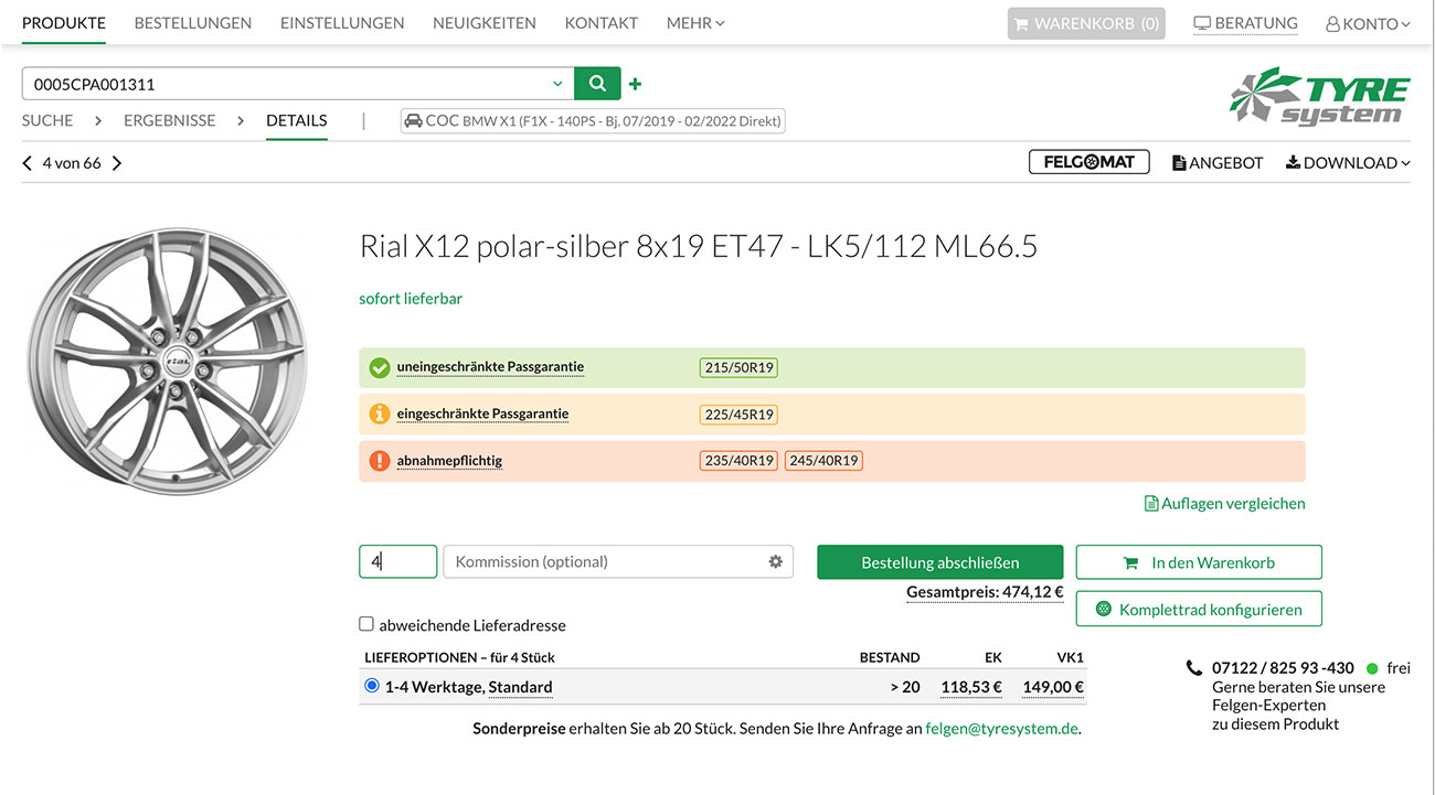 Screenshot der Passgarantie für Alufelgen in TyreSystem