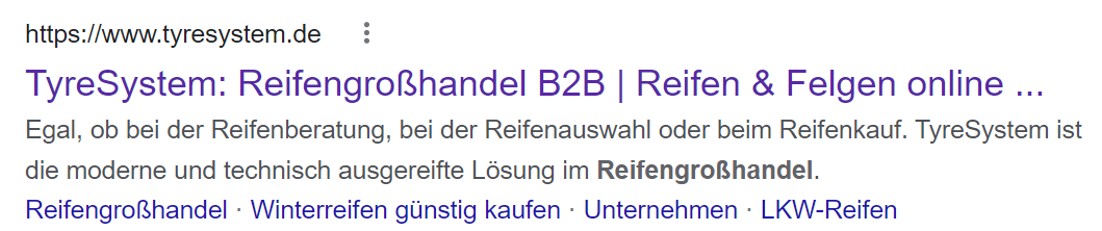 Screenshot: Google Eintrag (SEO) von TyreSystem