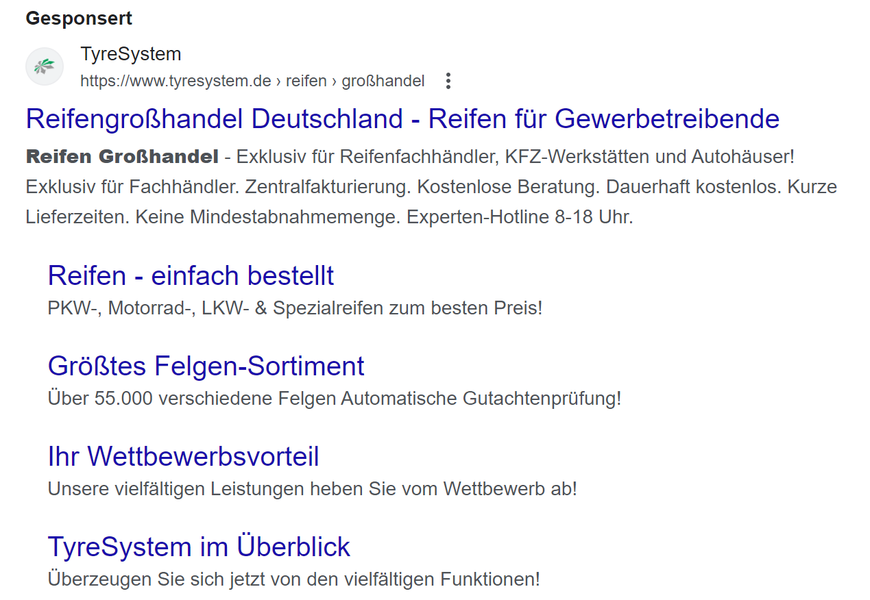 Screenshot: Google Anzeige (SEA) von TyreSystem