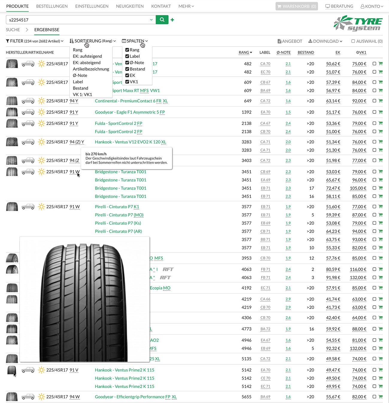 Screenshot der übersichtlichen Ergebnisliste in TyreSystem