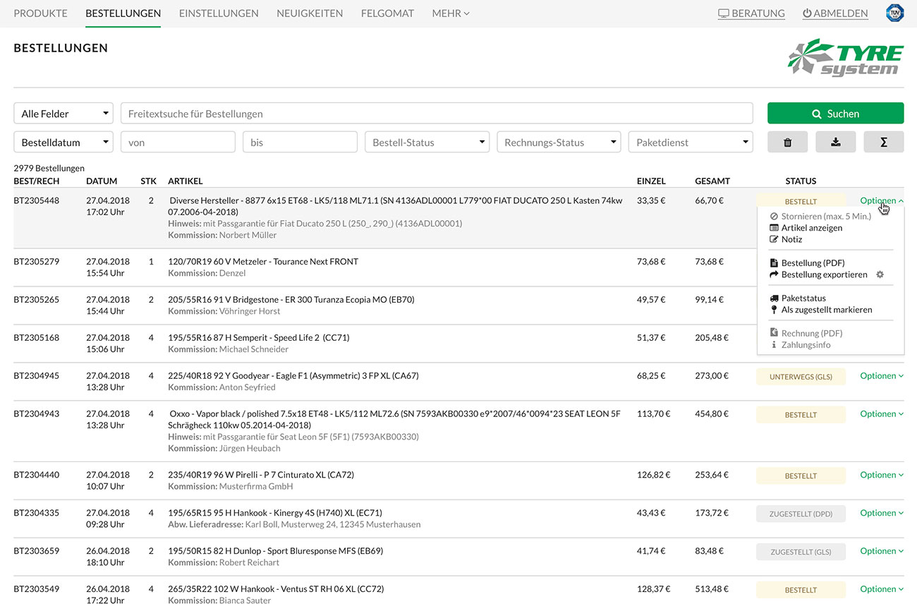 Screenshot der zentralen Bestellübersicht in TyreSystem